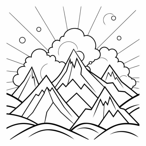 Mountain with sun and clouds for coloring book.