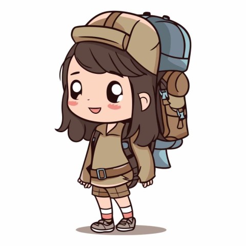 Cute little girl with backpack in cartoon style.