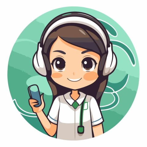 Cute girl with headphones and mobile phone in cartoon style.