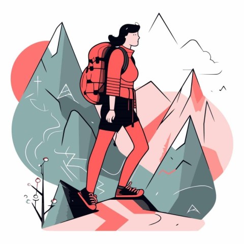 Vector illustration of a young woman climbing up a mountain. Con