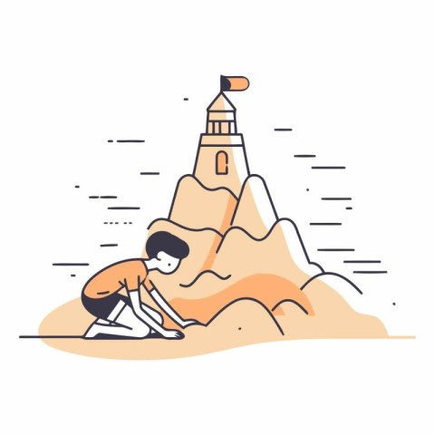 Man climbing a sand castle in flat linear style.