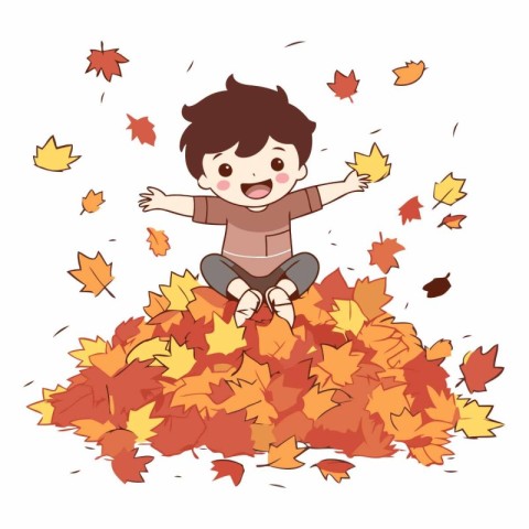 Boy sitting on a pile of autumn leaves isolated on white backgro