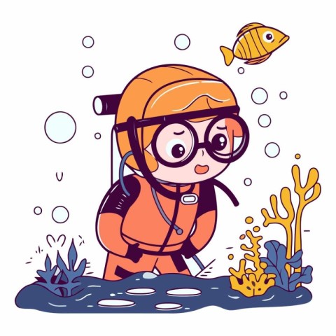 Cute cartoon diver boy in a coral reef.