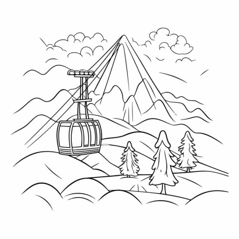 Cable car in the mountains. Line art.