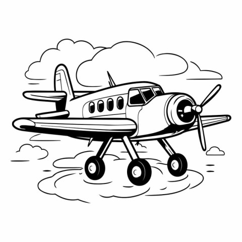 Airplane flying in the clouds. Black and white vector illustrati