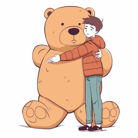 Vector illustration of a boy hugging a big teddy bear on a white