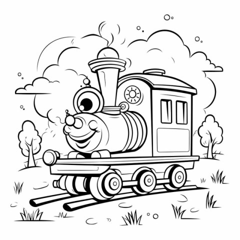 Black and White Cartoon Illustration of Funny Steam Train Animal