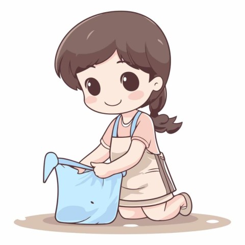 Cute little girl cleaning the house in cartoon style.