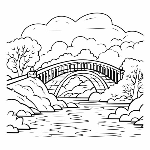 Bridge over the river. Black and white vector illustration for c