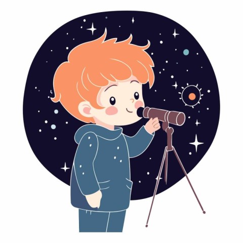 Cute little boy looking through telescope in cartoon style.