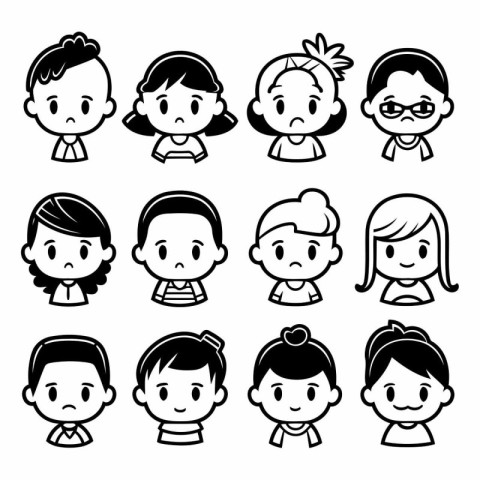 Cute cartoon family icon set. Black and white vector illustratio