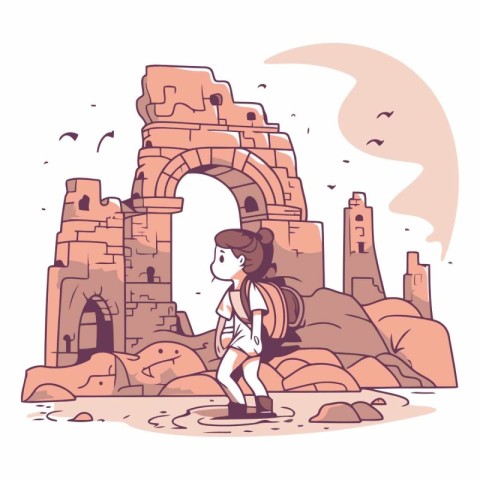 Tourist girl with backpack in the ancient city.