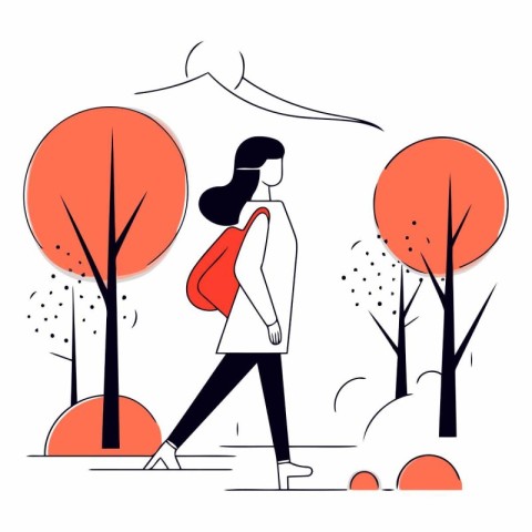 Vector illustration of a woman walking in the autumn park. Flat