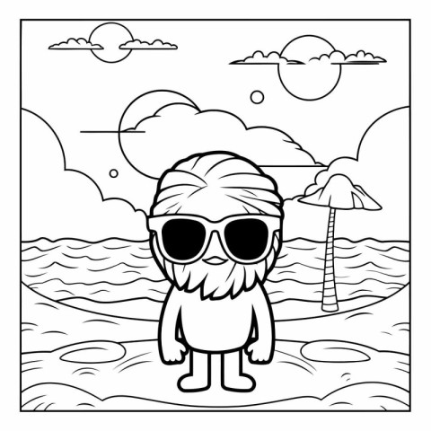 Bearded hipster man cartoon with sunglasses on the beach.