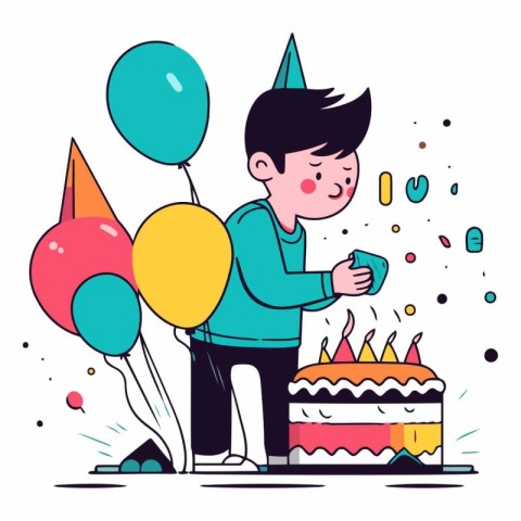 Cute boy celebrating birthday with cake and balloons.