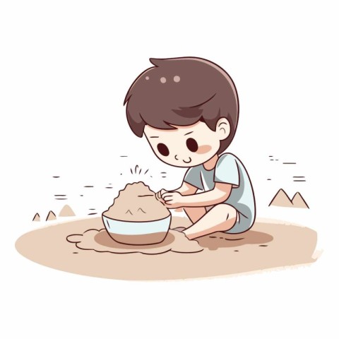 Cute little boy playing with sand in the desert.