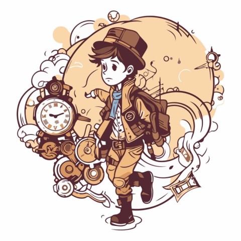 Vector illustration of a boy with a backpack and a pocket watch.