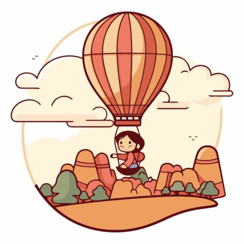 Vector illustration of a girl flying in a hot air balloon in the