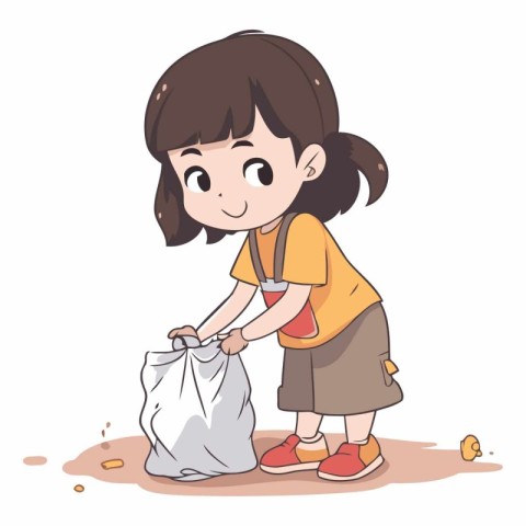 Little Girl Cleaning The Garbage Bag.