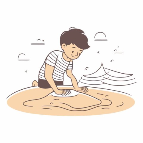 Vector illustration of a boy sitting on the sand and playing wit