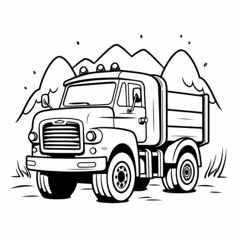 Black and white illustration of a dump truck on the road.