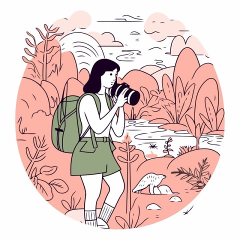 Vector illustration of a girl with a camera and a backpack on th