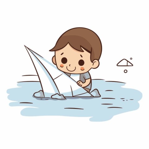 cute little boy playing sailboat cartoon vector illustration gra