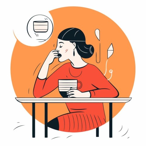 Girl drinking coffee at the table in flat style.