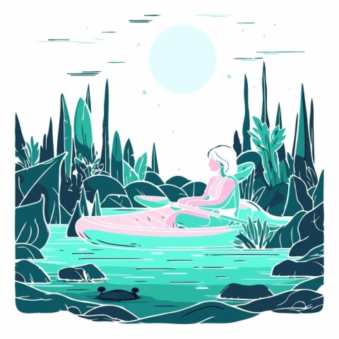 Illustration of a woman kayaking in the lake.