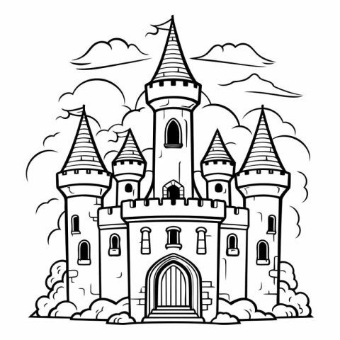 Cartoon illustration of a fairy tale castle. Black and white vec