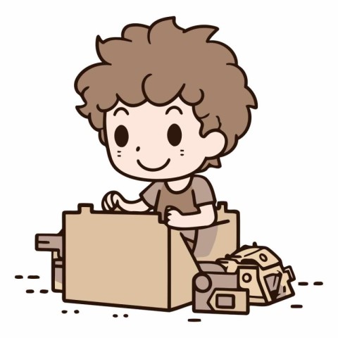 Illustration of a Kid Boy Carrying a Box Full of Treasure