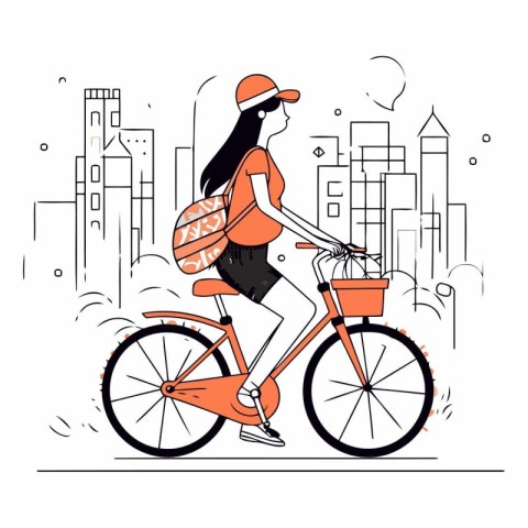 Vector illustration of a young woman riding a bicycle in the cit