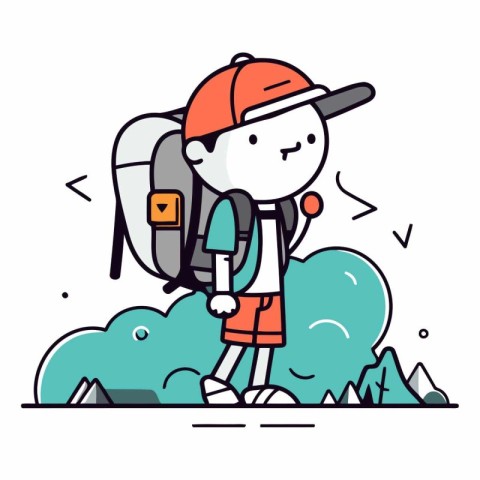 Boy hiker with backpack and cap in flat style