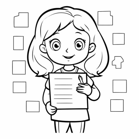 Black and White Cartoon Illustration of a Kid Girl Holding a Cli