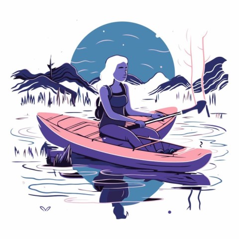 Young woman paddling in a canoe on a lake.