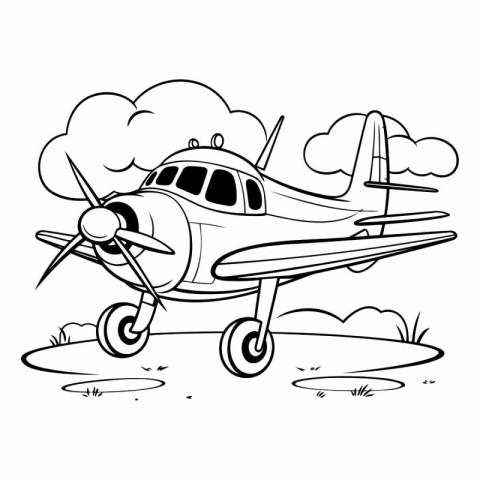 Vector illustration of vintage airplane on the field. Coloring b