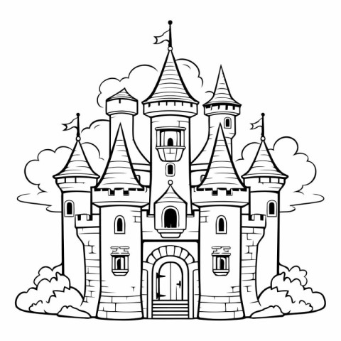 Fairytale castle in cartoon style for coloring book