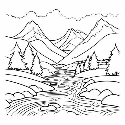 mountains and river. black and white vector illustration for col