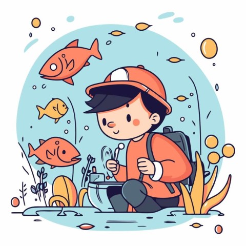 Cute little boy fishing in the sea. vector cartoon illustration.