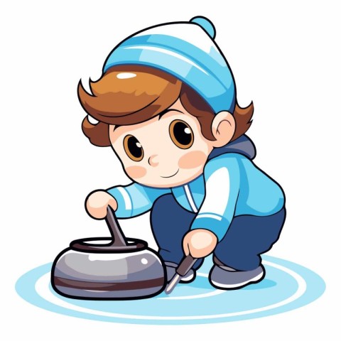 Illustration of a Little Boy Playing Ice Hockey with a Kettle