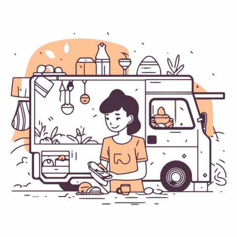 Vector illustration of a woman sitting at the table in front of