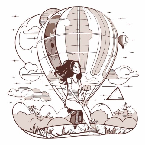 Girl with hot air balloon in the sky. Vector sketch illustration