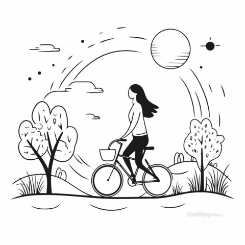 Young woman riding bicycle in the park in black and white.