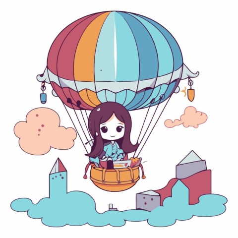 cute little girl flying in hot air balloon cartoon vector illust