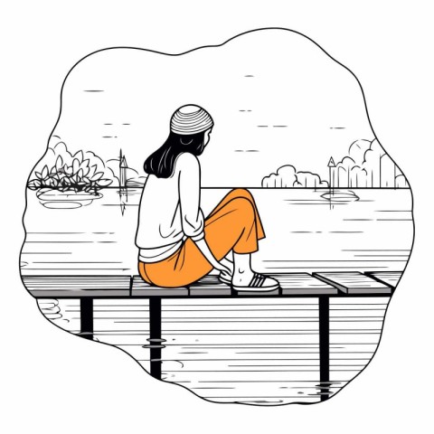 Woman sitting on a wooden bridge by the river.