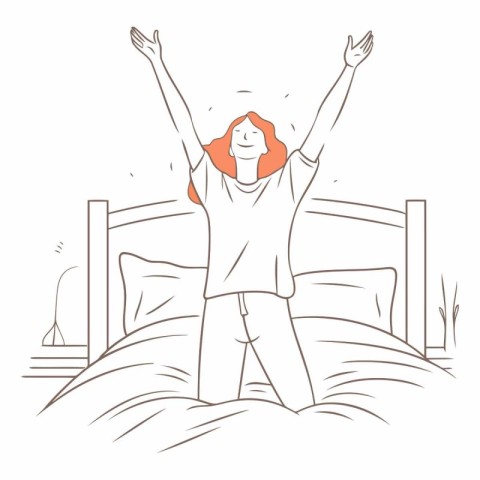 Happy young woman waking up in the morning. Hand drawn vector il