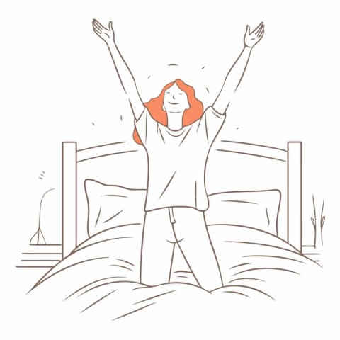 Happy young woman waking up in the morning. Hand drawn vector il