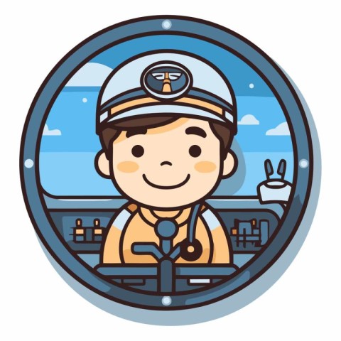 Illustration of a boy pilot in a ship's porthole