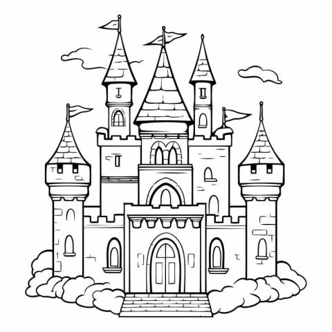 Fairytale castle. Black and white vector illustration for colori