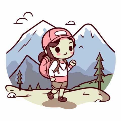 Cute girl hiking in the mountains. Cartoon style.